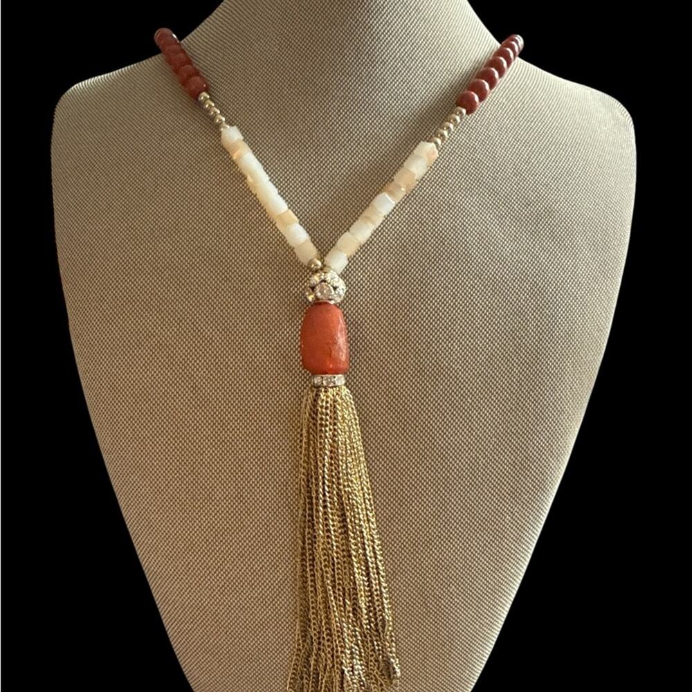 Gold Tassel Necklace with Orange and Cream Beads